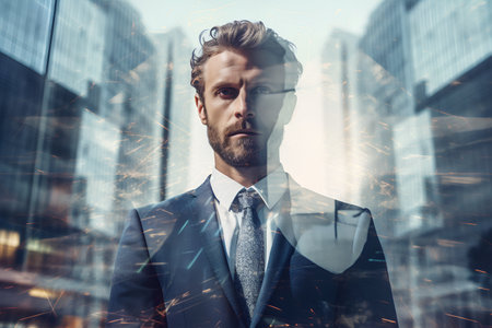 Portrait of a serious businessman standing outdoors. Toned image double exposureの素材