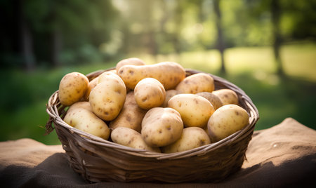 Fresh potatoes in a wicker basket on a natural background. Selective focus.の素材