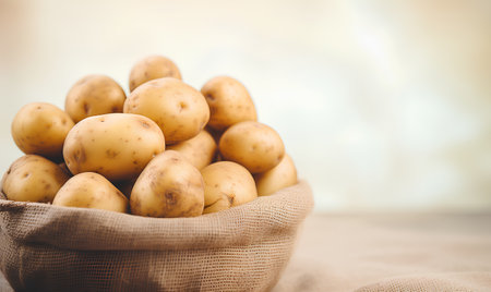 Potatoes in a burlap bag on a light background. Selective focus.の素材