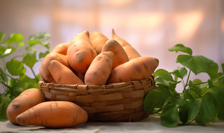 Basket of fresh carrots with green leaves on a light background.の素材