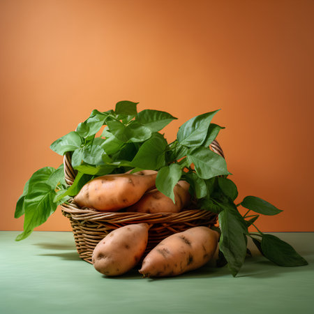 Basket with sweet potatoes and green leaves on a green background.の素材