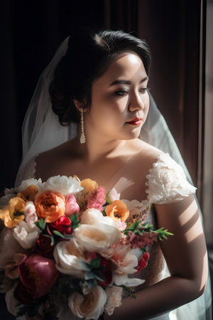 Portrait of beautiful asian bride with wedding bouquet in studioの素材