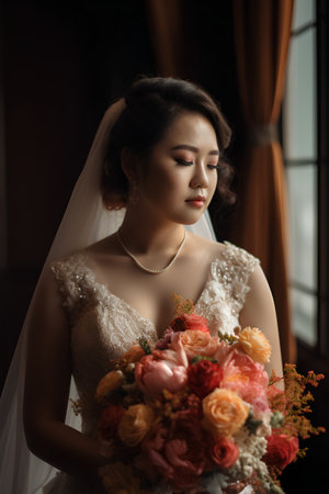 Portrait of beautiful asian bride with wedding bouquet at roomの素材