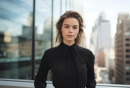 Portrait of a beautiful business woman in a black dress on the background of skyscrapersの素材