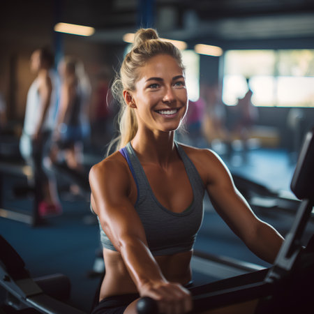 Portrait of smiling young woman exercising on a treadmill in a gymの素材