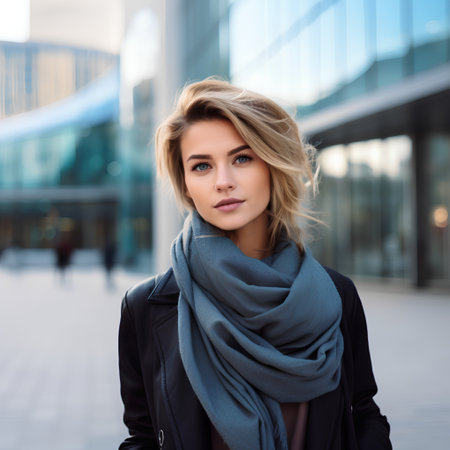 Portrait of a beautiful young woman with a scarf in the cityの素材