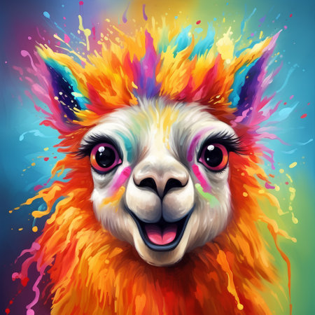 Llama with colorful hair on colorful background. Vector illustration.の素材