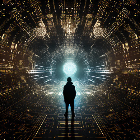 Man in front of futuristic technological background. 3D Rendering.の素材