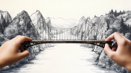 Hand holding wooden bridge over the road to the mountains, sketch styleの素材