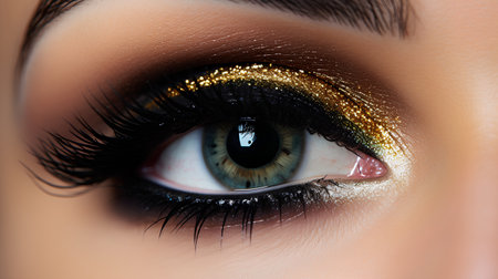 Beautiful woman's eye with gold makeup. Close-up.の素材