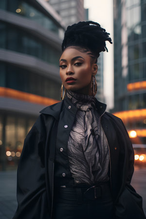 Fashionable african american woman in black coat posing in the city.の素材