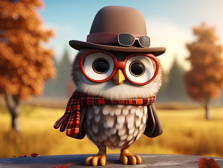 Owl in hat and sunglasses on the background of the autumn landscapeの素材