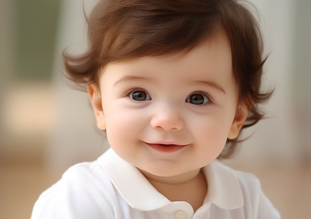 Portrait of a cute baby boy in a white shirt, indoor shotの素材