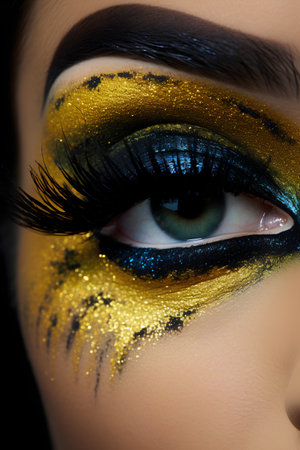 Closeup shot of beautiful woman's eye with golden make-up.の素材