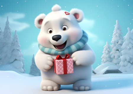 3d rendered illustration of a cute polar bear cartoon character with christmas giftの素材
