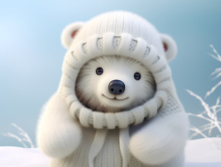 Cute cartoon bear in a white knitted hat and scarf.の素材