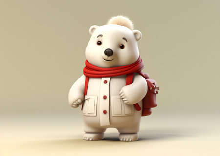 Polar bear with backpack and red scarf. 3D illustration.の素材