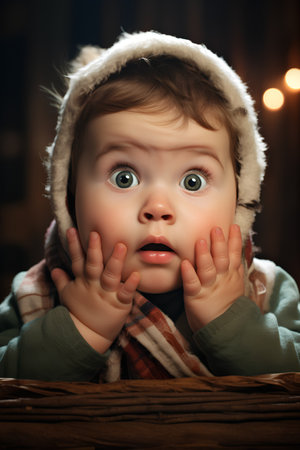 Portrait of a cute little boy in winter clothes. Christmas.の素材