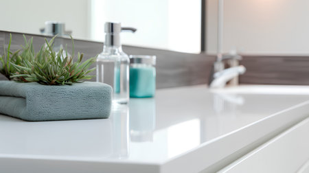 Bathroom interior with bathtub, sink, towel and showerの素材