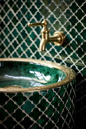Close up of a modern bathroom faucet. Selective focus. Toned.の素材