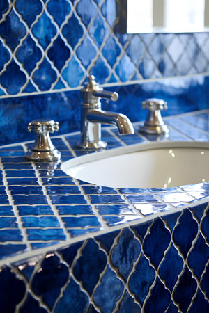 Close up of modern bathroom faucet and sink in blue tilesの素材