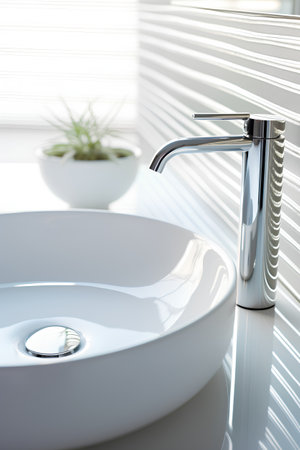 Closeup of a modern faucet and sink in a bathroomの素材