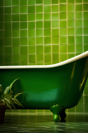 Green bathtub with a plant in a pot on a green tile backgroundの素材