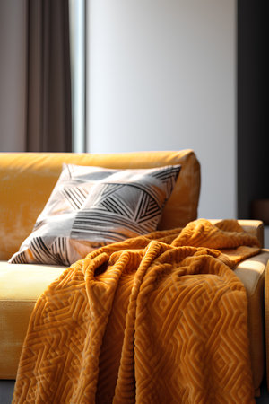 Cozy living room interior with yellow sofa, pillows and blanketの素材