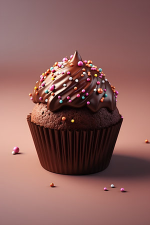 Chocolate cupcake with chocolate icing and sprinkles, 3d renderの素材