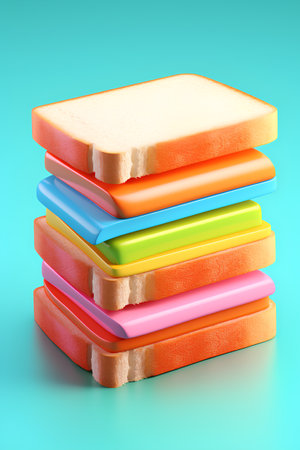 Stack of multicolored sandwiches isolated on blue background 3d renderの素材