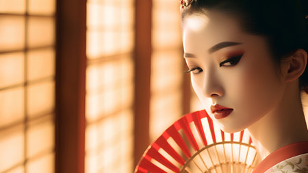 Beautiful asian japanese woman with red fan on window backgroundの素材