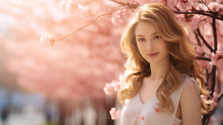 Portrait of beautiful young woman in blooming cherry garden. Spring time.の素材
