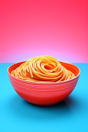 Spaghetti in a red bowl on a blue-pink backgroundの素材