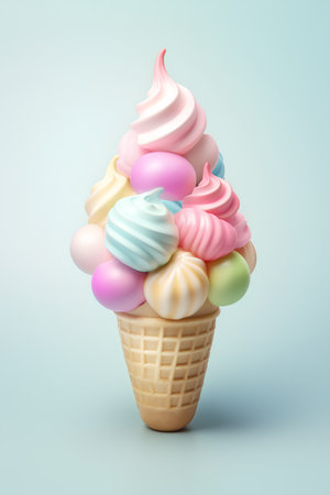 Colorful ice cream in waffle cone on blue background. 3d renderingの素材