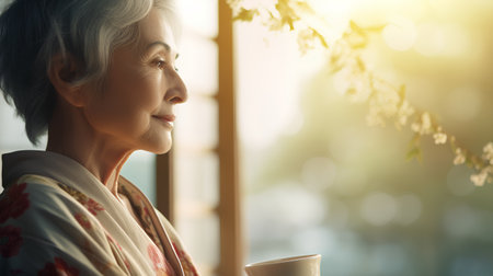 Morning coffee. Side view of beautiful mature woman holding cup and looking away while standing in cafeの素材
