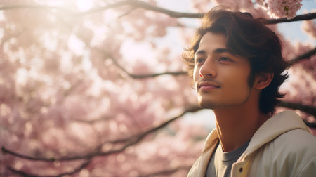 Handsome young man standing near blooming sakura tree.の素材