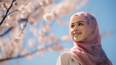 Hijab woman with pink sakura blossom and blue skyの素材