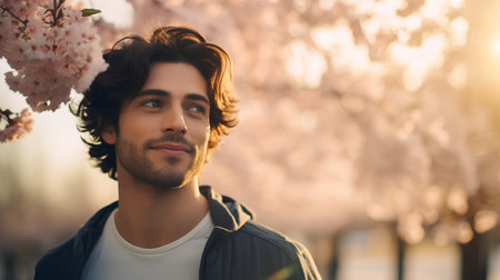 Handsome young man with stylish hairstyle in a spring parkの素材