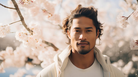Portrait of a handsome young man in a white sweatshirt on a background of blooming trees.の素材