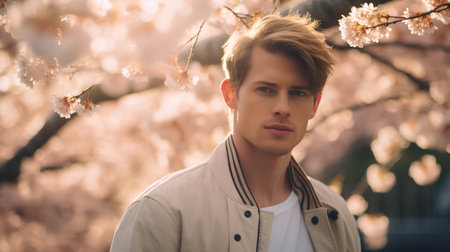 Handsome young man with blond hair in white shirt and jeans posing near blooming pink sakura tree.の素材