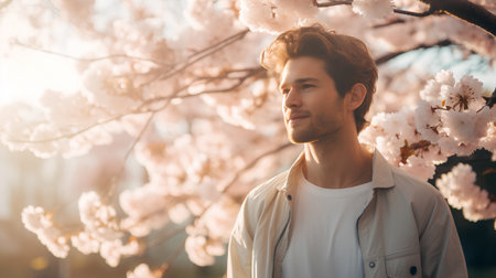 Handsome young man in a white jacket and jeans posing near blooming cherry tree.の素材