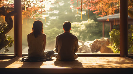 Couple sitting in lotus position and looking at the view from the window.の素材