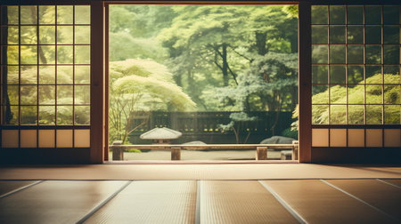 Japanese style room with a view of the garden. 3d renderingの素材