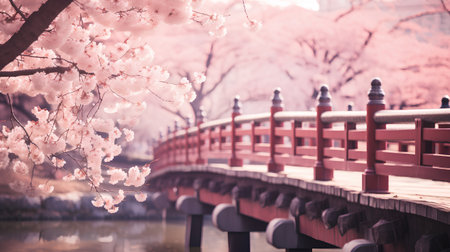 Beautiful cherry blossom sakura with red bridge in Tokyo, Japanの素材