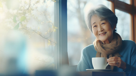 Elderly asian woman drinking coffee in a cafe, lifestyle conceptの素材