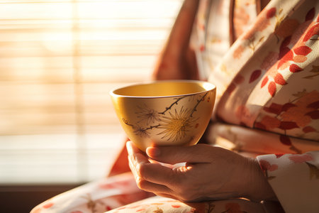 Woman holding a cup of tea in the morning, close-upの素材