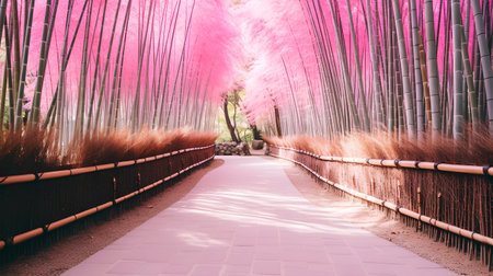 Bamboo forest and walkway with pink tone filter effect retro vintage styleの素材