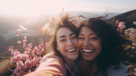 Two young women taking a selfie on a hilltop with flowers.の素材