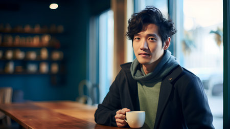 young asian man with cup of coffee or tea at bar or pubの素材