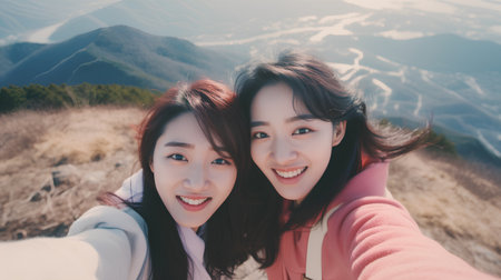 two asian women taking selfie on top of mountain with happiness emotionの素材